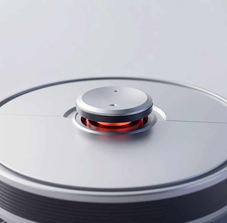 Sleek close-up of a robotic vacuum sensor array, cool crisp studio lighting, metallic silver and deep charcoal tones, sharp macro detail