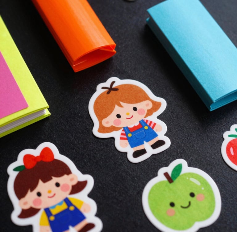 Vibrant studio photography, high-contrast colorful lighting, flat-lay of premium brand stationery and custom character stickers on a matte black surface, 35mm film style