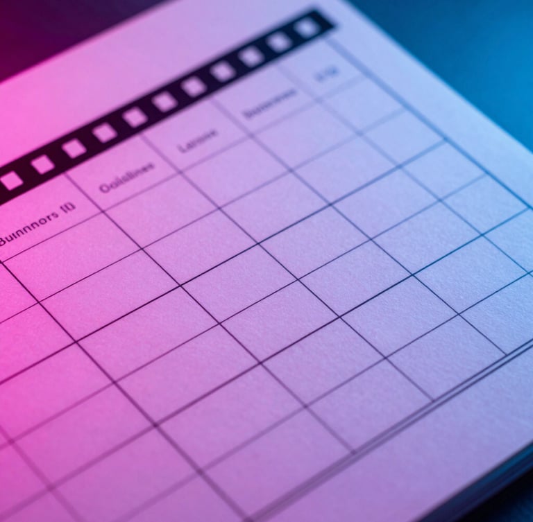 Dynamic close-up of a brand guidelines manual, high-contrast studio lighting with neon pink and blue backlights, sharp focus on vector grids, 35mm film style