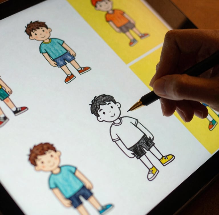 Close-up of hand-drawn character sketches transitioning into clean digital vector paths on a screen, warm studio light, 35mm film style