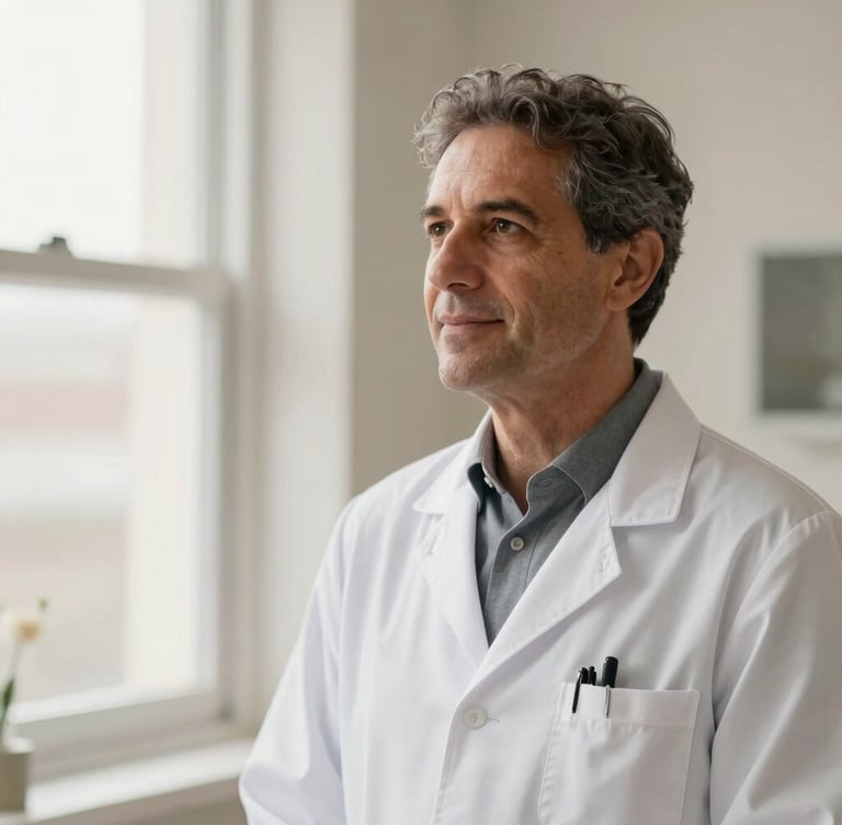 Dr. Ewerton Mafra in professional clinical attire, warm neutral tones, soft natural window light, shallow depth of field, 85mm lens.