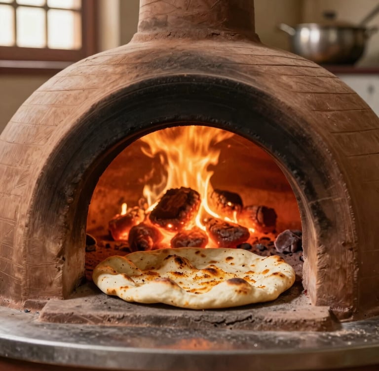 Close-up portrait of a traditional clay tandoor oven glowing with hot coals, a chef slapping fresh naan onto the inner wall, warm embers, atmospheric kitchen background, shallow depth of field
