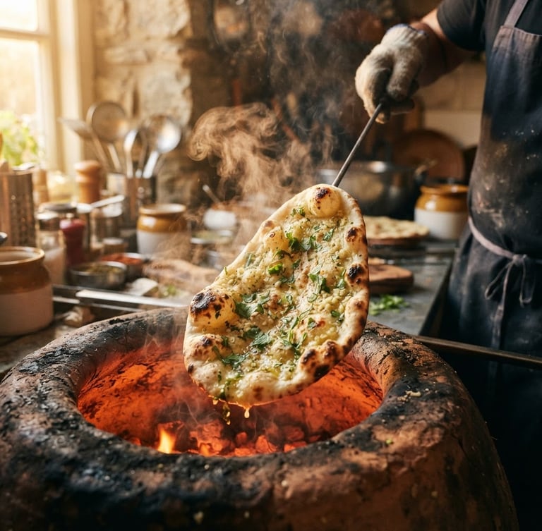 Freshly baked garlic naan bread emerging from a glowing clay tandoor oven, warm steam rising, golden-hour window light, shallow depth of field