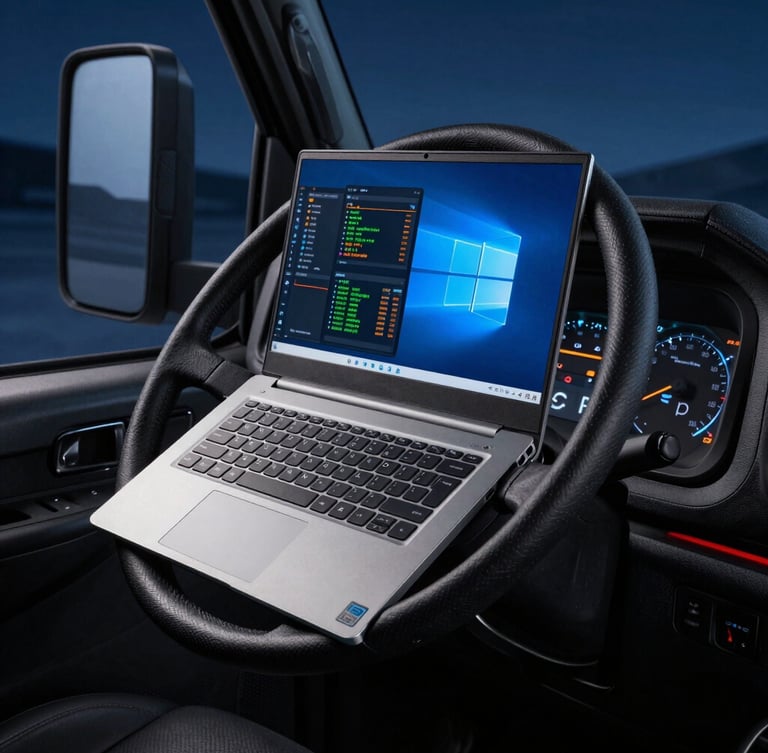 Tight, high-contrast photograph of a rugged Windows laptop sitting on a truck steering wheel, diagnostic software with green and orange code on screen, dark truck cab interior, cool blue night lighting.