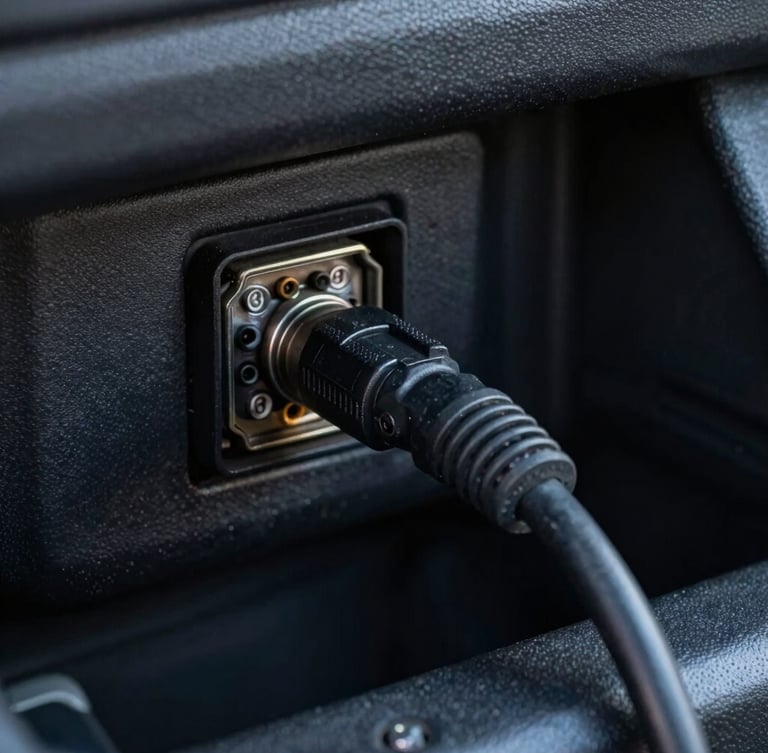 Close-up of a 9-pin diagnostic port under a truck dashboard, with a heavy-duty cable plugging in, cool low-key lighting