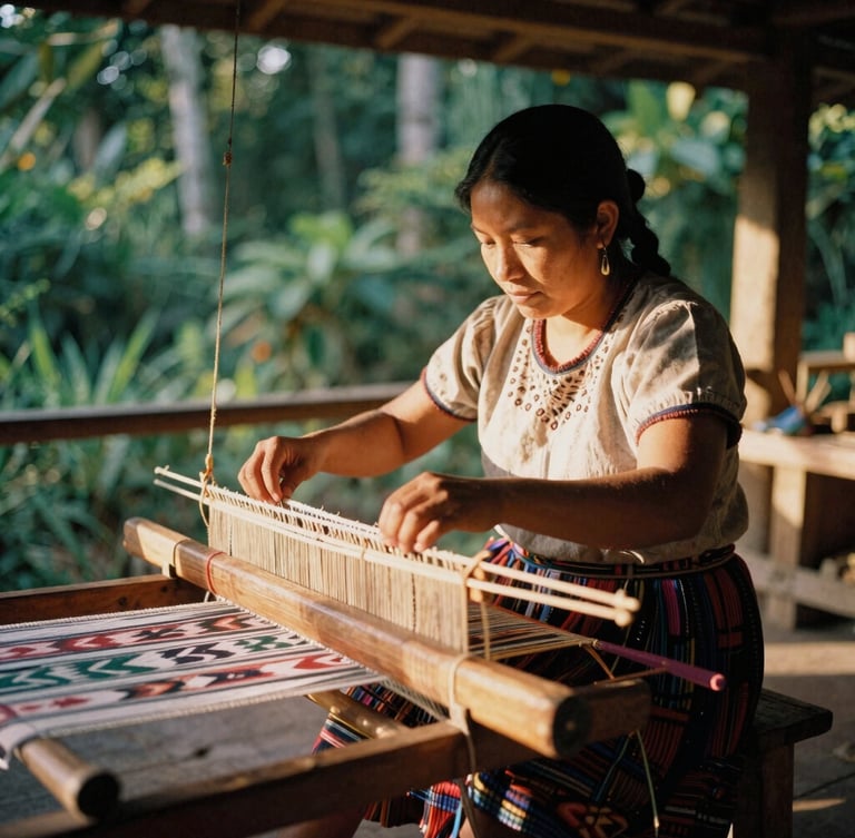 A local Flores woman weaving ikat on a wooden loom inside a traditional house, soft natural light, warm shadows, authentic atmosphere.
