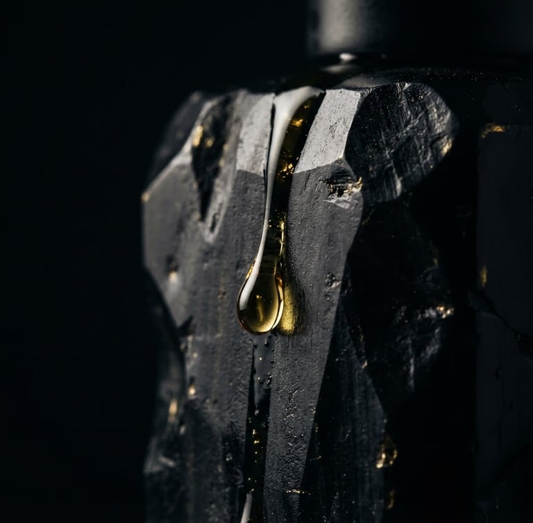 Macro photograph of a thick, golden droplet of perfume oil slowly sliding down the hand-carved obsidian glass bottle, dramatic chiaroscuro lighting, deep black background with sharp gold highlights.