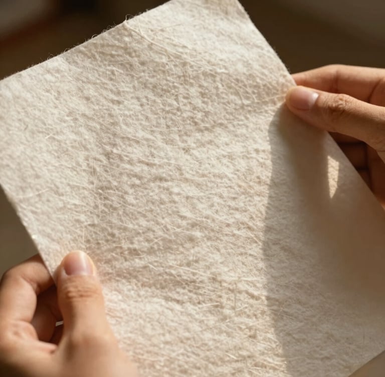 Extreme close-up of hands holding heavy textured cotton paper stock, warm low-contrast afternoon sun casting soft shadows across the grain.