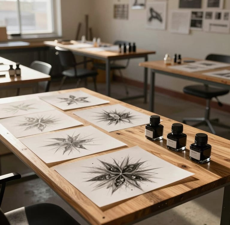 Wide environmental shot of the Provo design studio, raw wood tables covered in charcoal sketches and ink bottles, lit by warm afternoon sun.