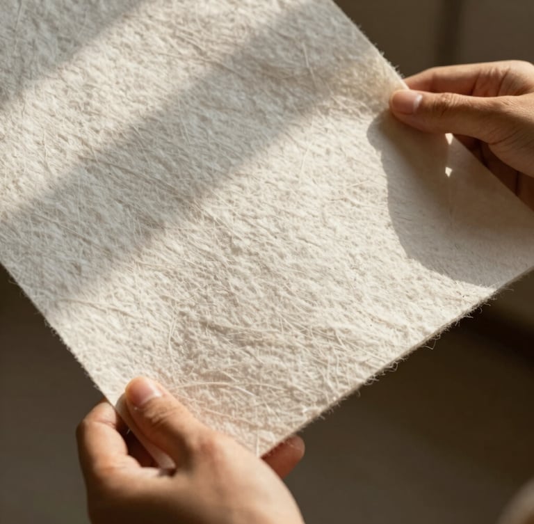 Close-up of hands holding heavy textured cotton paper stock, warm low-contrast afternoon sun casting soft shadows across the grain.