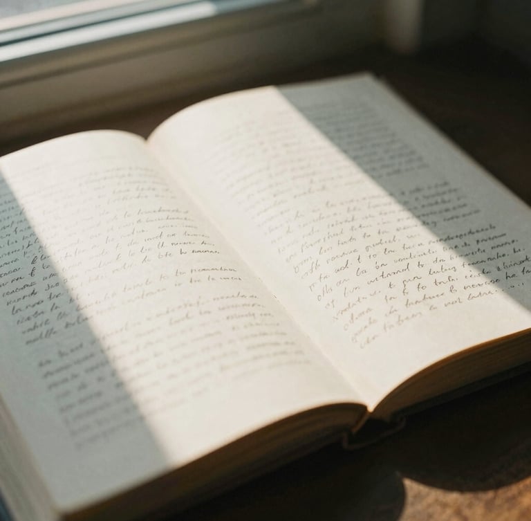 Close-up of an open antique book with handwritten notes in the margins, soft natural window light casting long shadows across warm cream paper, editorial film photography, 35mm.