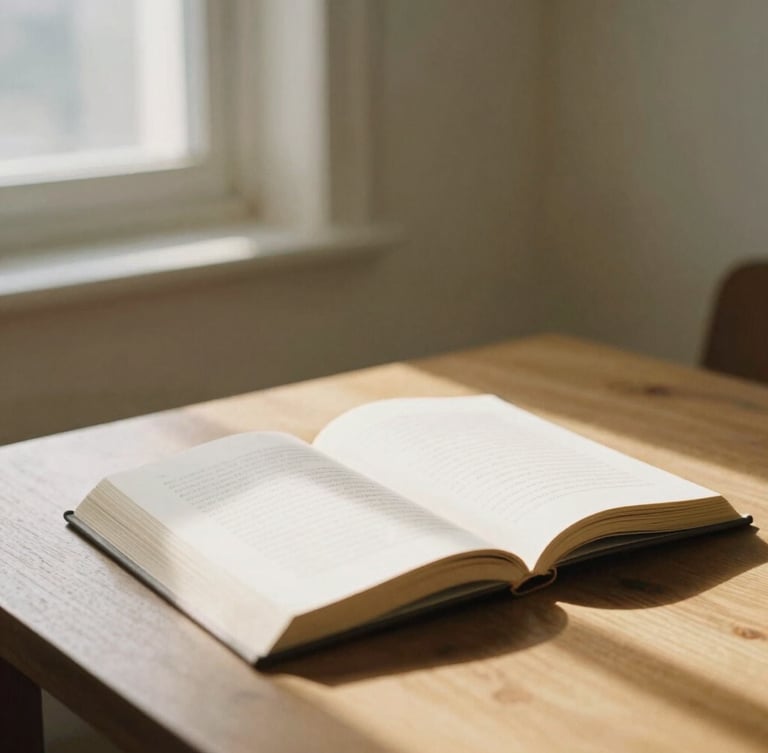 A quiet sunlit reading room with a wooden table, an open book, soft window light casting long shadows, warm cream tones, 35mm film photography