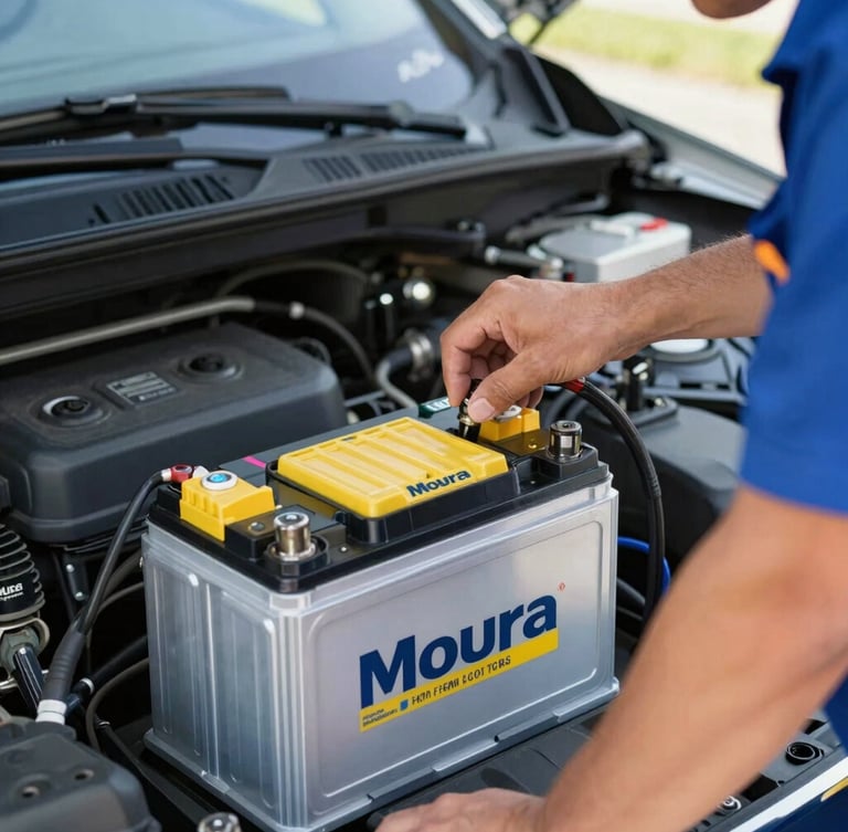 Close-up of a professional technician in a clean uniform installing a brand new Moura battery under a car hood, bright natural daylight, precise focus on the battery, vibrant yellow details, professional editorial style