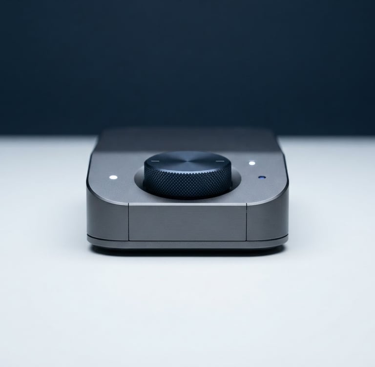 Sleek physical tech hardware device on a clean white surface, cool studio lighting, deep navy ambient fill, sharp macro focus, 85mm