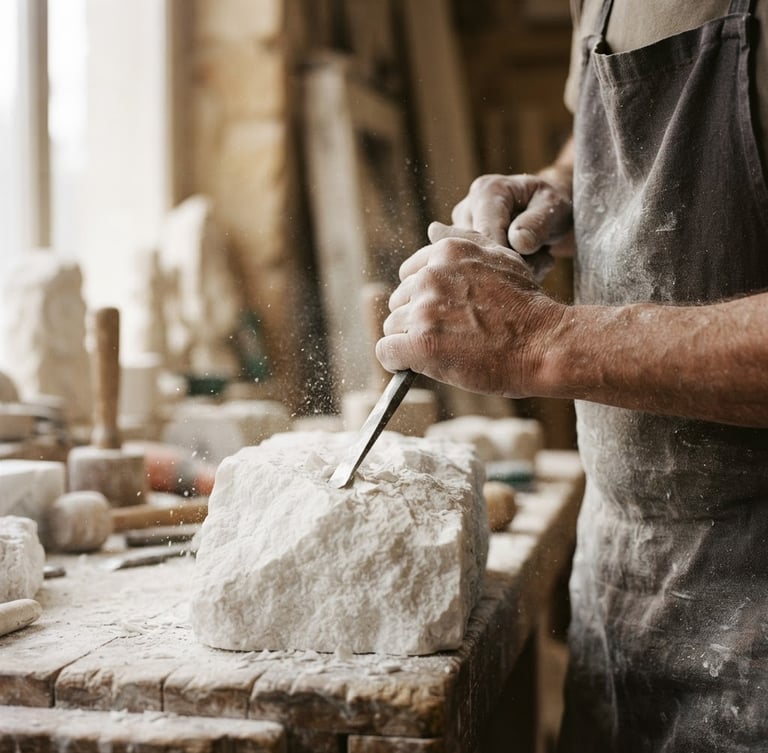 Fine art sculpture photography of a sculptor's hands holding a chisel against a rough block of white marble, soft natural side-light, warm muted tones, shallow depth of field, dust particles in the air