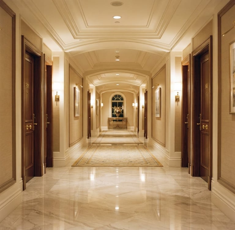 Elegant hotel corridor with soft golden lighting, rich champagne-toned marble floors, architectural symmetry, 35mm photography