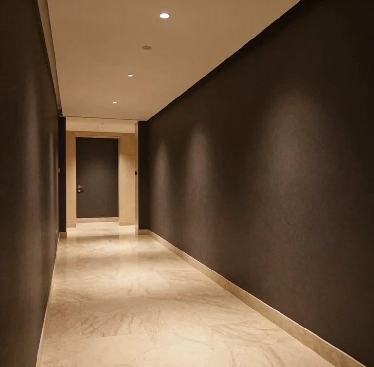 Architectural shot of a luxury hotel corridor with soft ambient lighting, high-contrast editorial design, deep charcoal walls, warm champagne accents