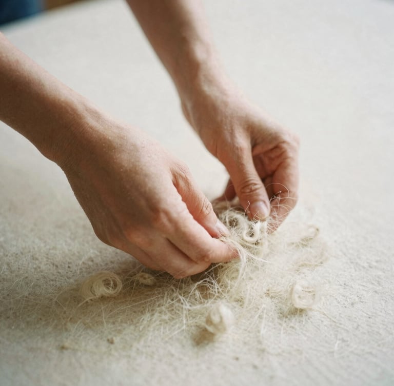 Macro details of hands touching raw, unwashed flax fibers in an empty, sunlit studio