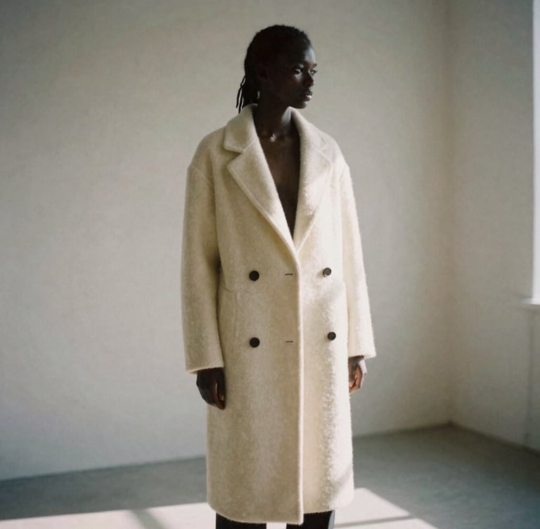 Soft focus silhouette of a model in a heavy cream cashmere coat, standing in an architectural corner of an empty studio, diffused daylight, warm shadows