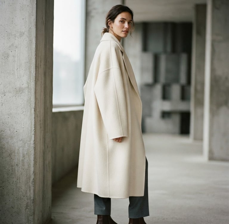 A model draped in a heavy, unstructured cream cashmere coat, soft diffused daylight, architectural concrete background