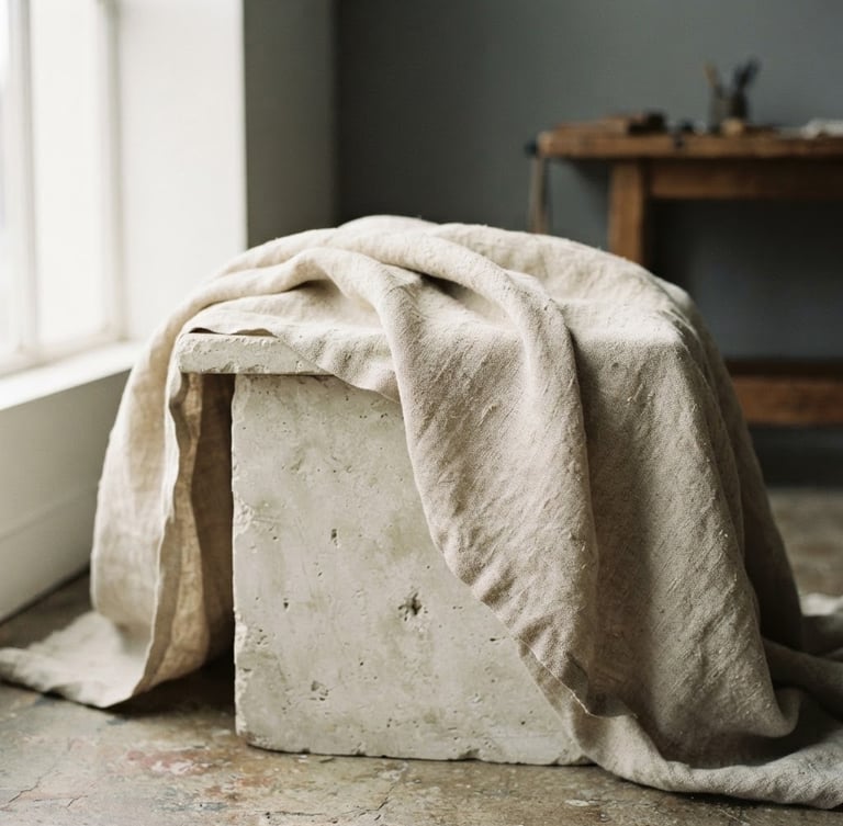 Macro close-up of a serene studio corner, soft north daylight casting gentle shadows on a limestone pedestal holding draped raw linen, shallow depth of field, 35mm film