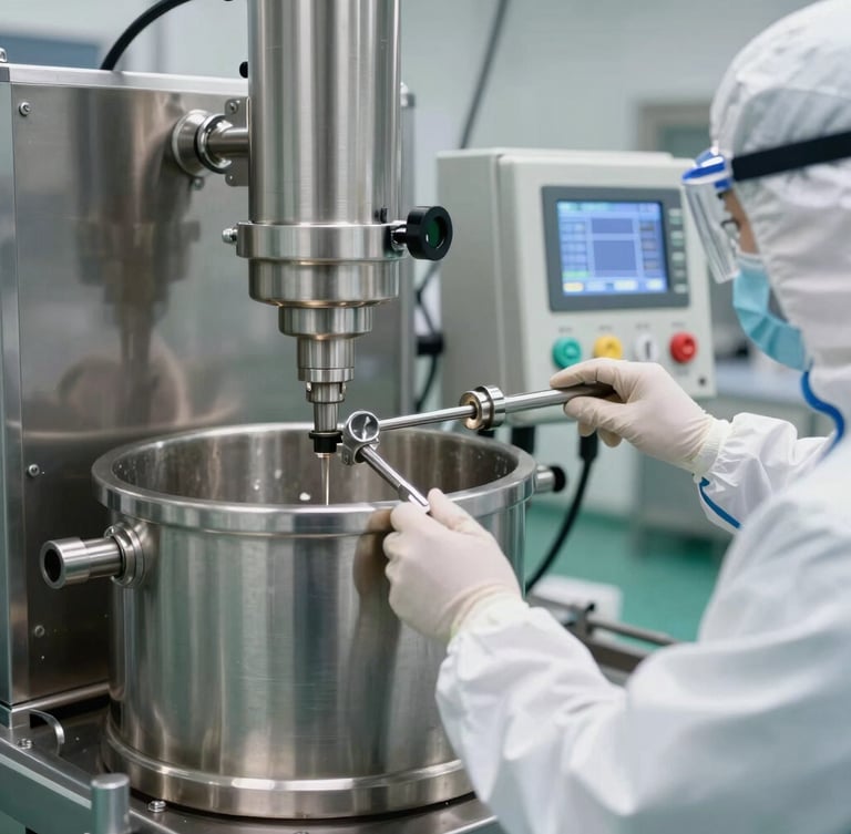 A sterile stainless steel extraction vessel in a GMP-certified facility, with a technician in full protective gear adjusting a digital control panel.