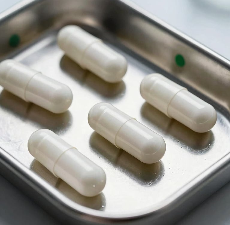 Extreme macro close-up of pristine white unbranded capsules on a sterile stainless steel laboratory tray, bright clinical white lighting with deep green shadows, scientific botanical aesthetic.