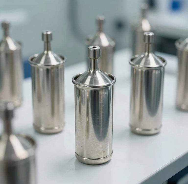 Macro shot of sterile stainless steel extraction vessels in a Noida cleanroom facility, clinical white light with soft sage shadows.