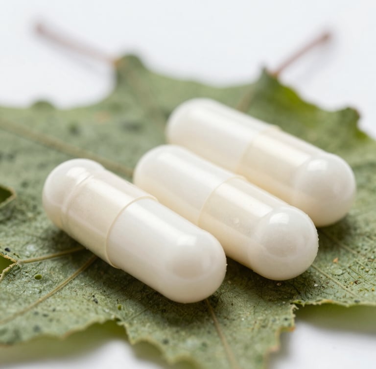 Extreme macro close-up of pristine white unbranded capsules resting on dry green herbal leaves, sterile clinical white light.