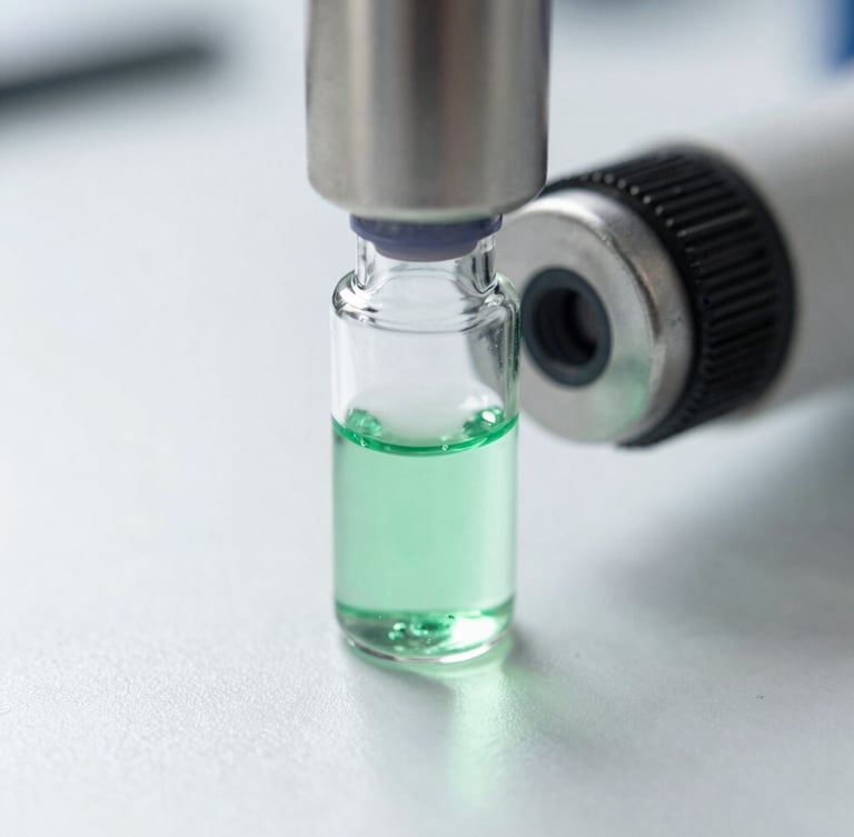 Extreme macro close-up of a stainless steel HPLC testing vial in a sterile clinical laboratory, bright white clinical light, natural green-tinted shadows, sharp technical focus.