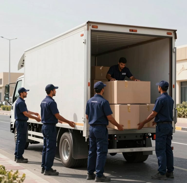 A clean, branded Sahara Shifters moving truck parked on a bright Abu Dhabi street, crew members in neat navy uniforms carefully loading double-walled boxes in natural daylight.