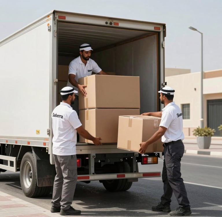 Branded Sahara Shifters moving truck parked in a clean Abu Dhabi street, professional crew in matching uniforms carefully loading double-walled cardboard boxes in bright daylight.
