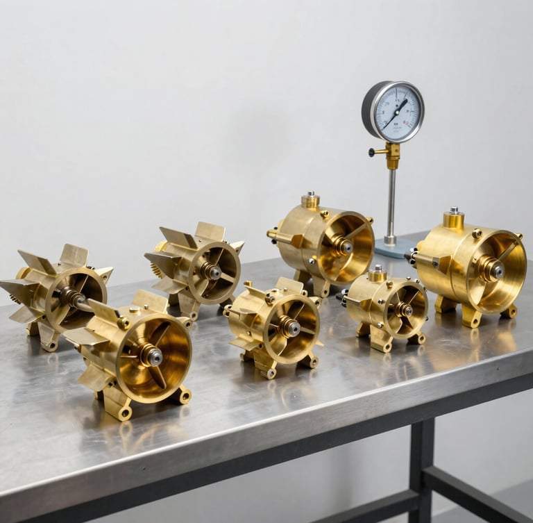 Industrial workshop bench with disassembled brass impellers and pressure gauges under bright studio lighting, clean industrial photography, high-contrast 50mm