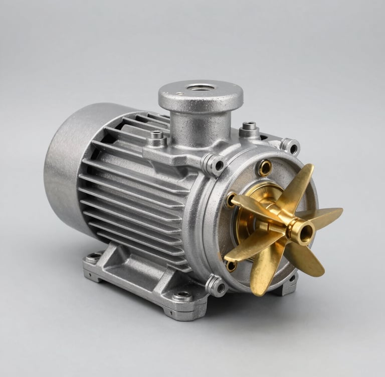 Heavy-duty submersible pump, cast iron body, brass impeller details, clean studio lighting, neutral grey background, high-contrast 50mm