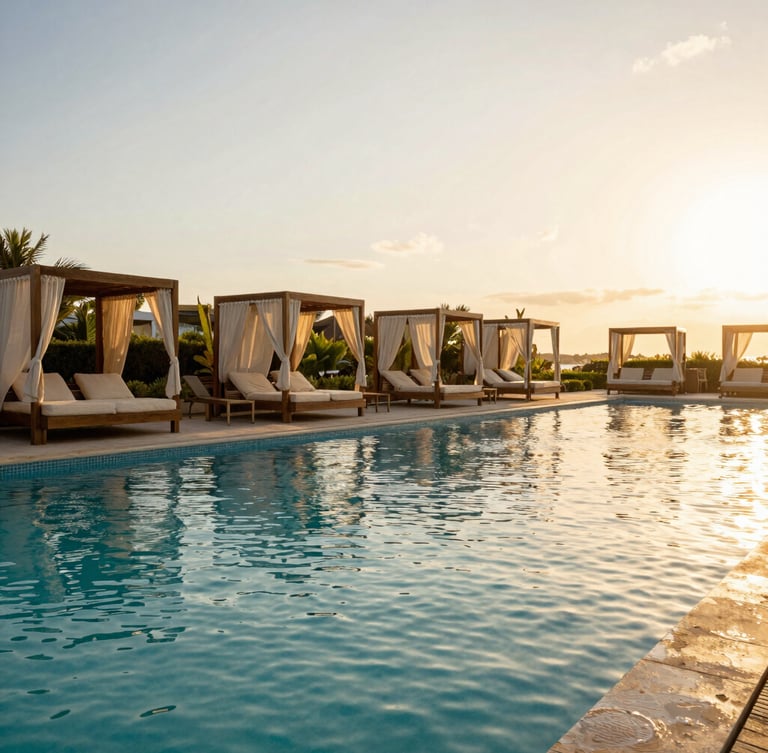 Wide cinematic view of a sun-drenched luxury resort pool at golden hour, private cabanas, warm sunlight reflecting on calm turquoise water.
