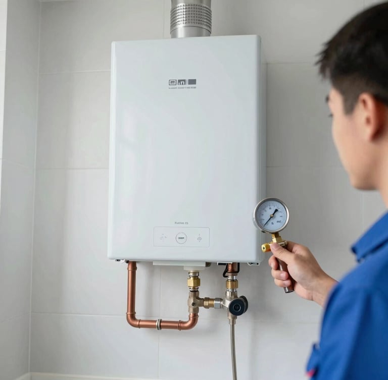 A clean, modern wall-mounted combi boiler with copper pipes neatly arranged below, a technician's hand holding a pressure gauge, bright daylight, authentic service photography.