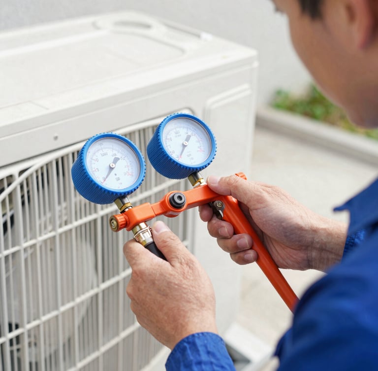 Close-up of a professional technician's hands using a pressure gauge on an outdoor air conditioning unit, bright natural daylight, safety-blue details