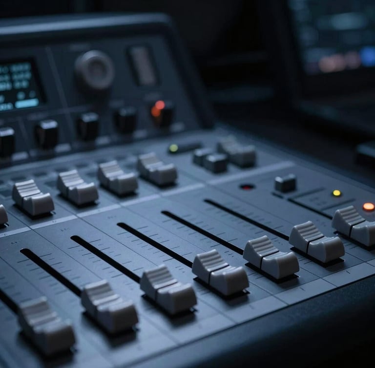 Minimalist studio photography of a high-end broadcast console, sharp macro focus on faders and patch bays, cool low-key studio lighting with deep studio blue and charcoal shadows, 35mm.