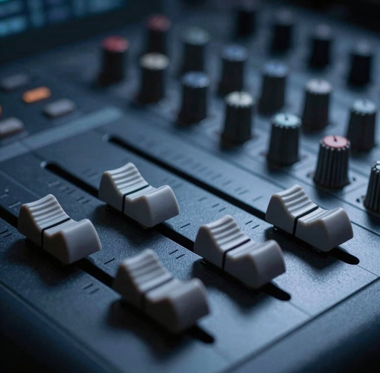 Macro close-up of a professional solid-state broadcast console, faders aligned, cool low-key studio lighting with deep blue and charcoal shadows, sharp 35mm focus.