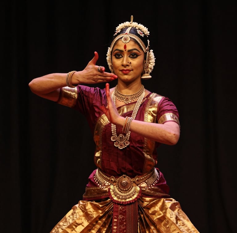 A dancer in a precise Bharatanatyam Araimandi posture, sharp focus on hand mudras, dramatic stage lighting highlighting muscle definition, 85mm.