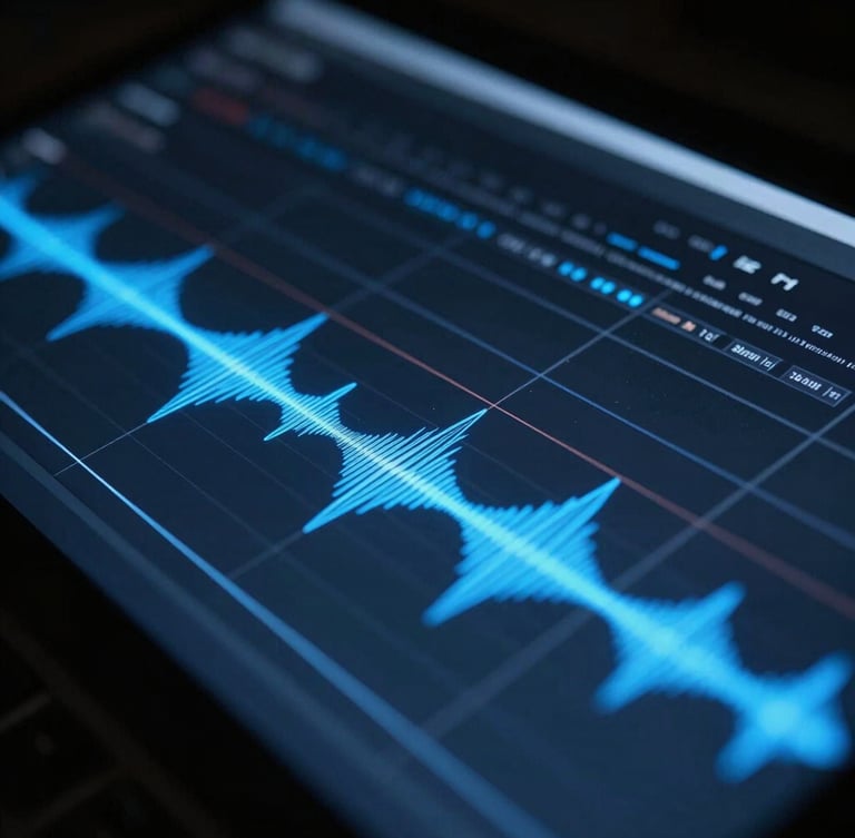 Macro close-up of a digital editing timeline with glowing blue audio waveforms, dark cinematic studio lighting, high-contrast details
