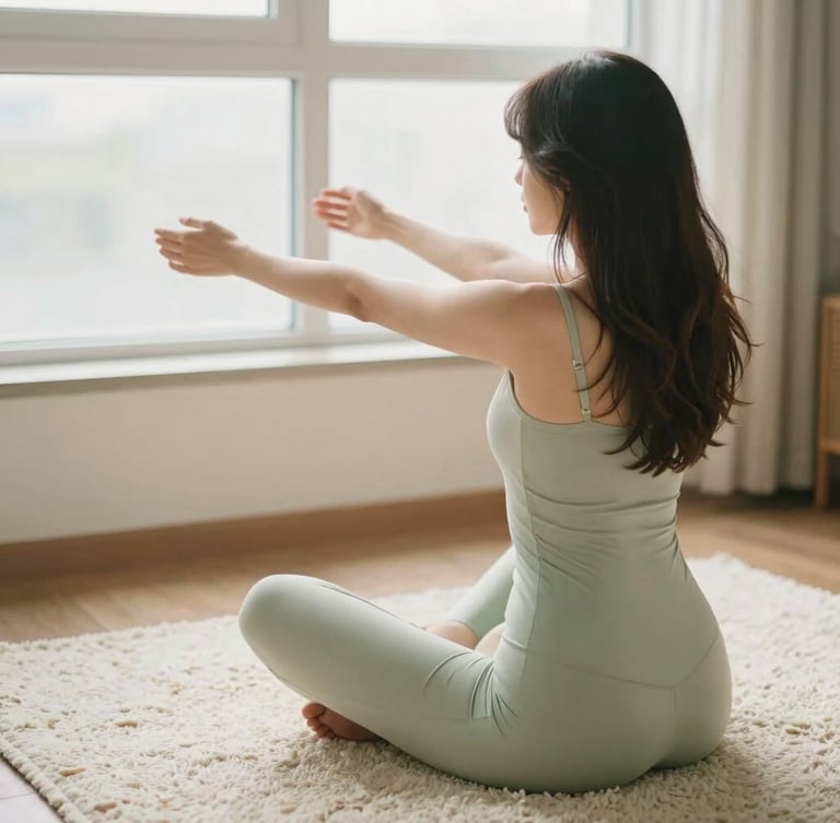 A young woman sitting on a textured cream rug in a sunlit room, back to camera, gently stretching her arms toward a low window, soft morning light, muted sage tones, shallow depth of field.