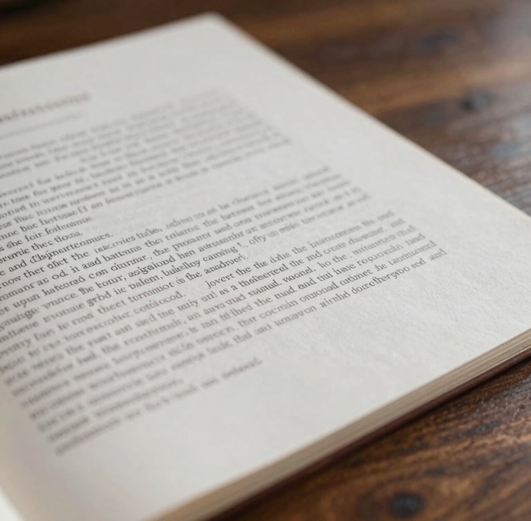 Extreme close-up of heavy cotton paper documents with formal typography, resting on a dark walnut table, soft side lighting.