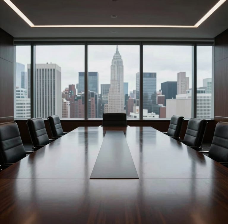 Symmetrical wide shot of an empty, high-end executive boardroom, a long dark oak table reflecting low-contrast architectural lighting, large floor-to-ceiling windows looking out to overcast Manhattan skyline, quiet and authoritative atmosphere.