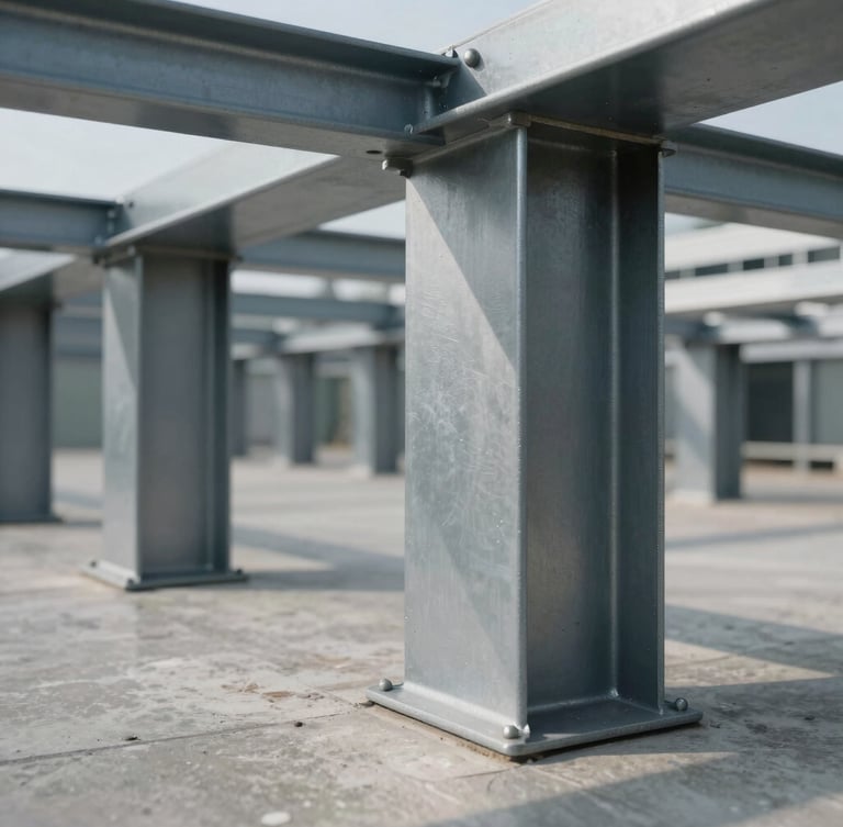 Macro close-up of structural steel and polished concrete inside a modern secure facility, sharp geometric shadows, overcast lighting