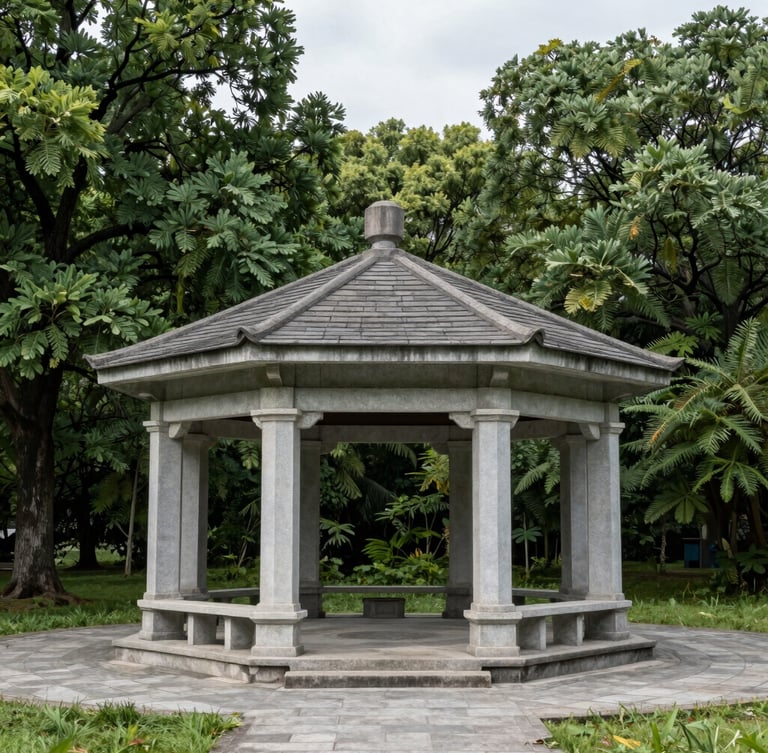 Symmetrical wide-angle shot of a modern stone pavilion integrated into a preserved forest landscape, overcast daylight.