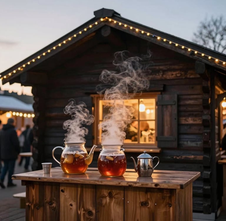 Warm editorial portrait of a festive wooden market chalet at dusk, steam rising from hot cider, soft gold lighting, deep charcoal background, 35mm focus