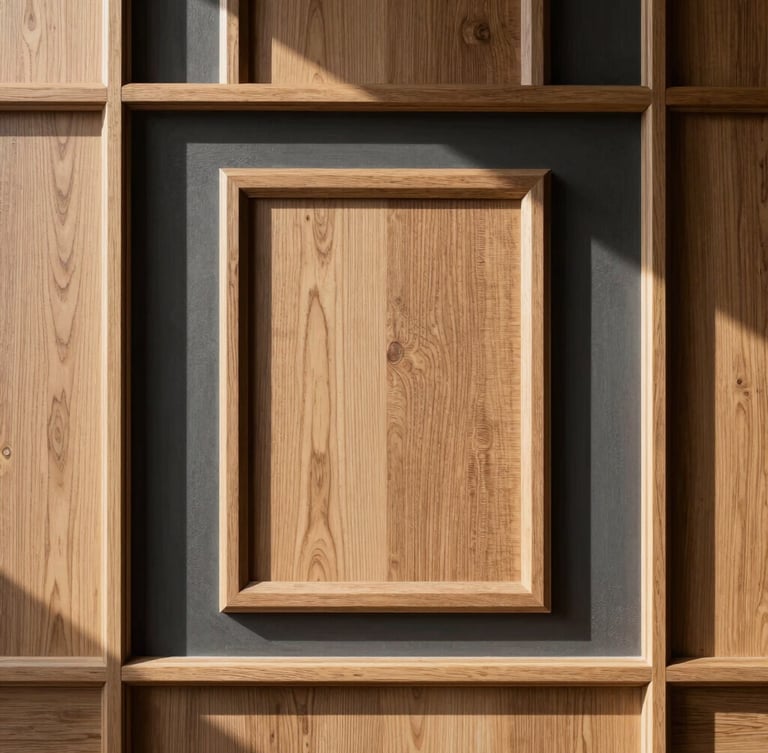 Straight-on close-up of custom oak wall paneling with recessed shadow gaps, crisp lines, natural side-lighting casting sharp shadows