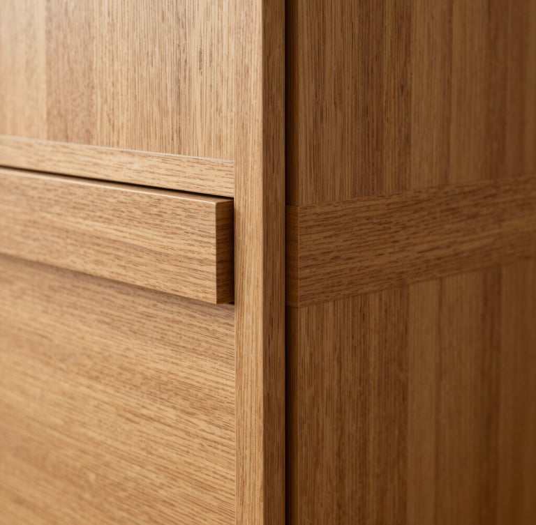 Macro detail of a grain-matched timber veneer wardrobe corner joint, flush-aligned, recessed handle, warm oak tones, sharp focus