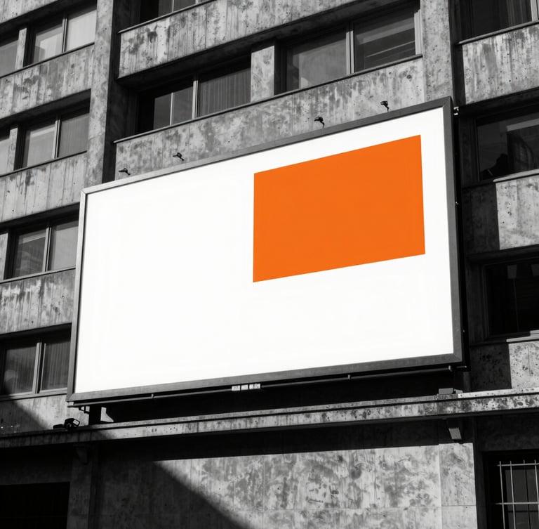 Wide cinematic shot of a high-contrast billboard mock-up on a concrete brutalist building under harsh direct sunlight, deep shadows, rich monochrome with a single orange accent.